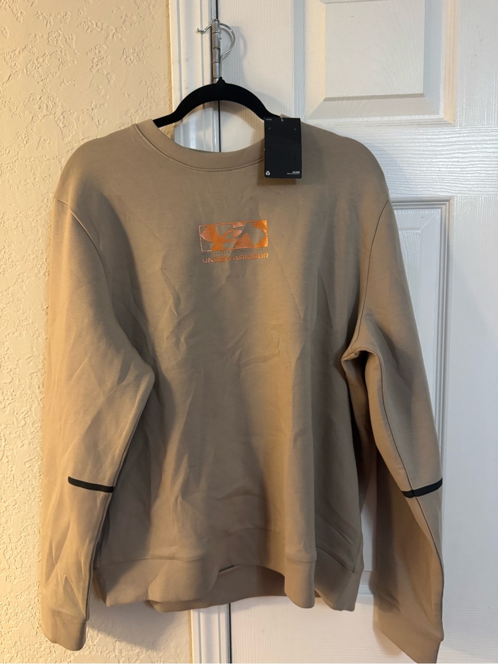 Under Armour Men's Beige Crewneck Sweatshirt with Orange Logo